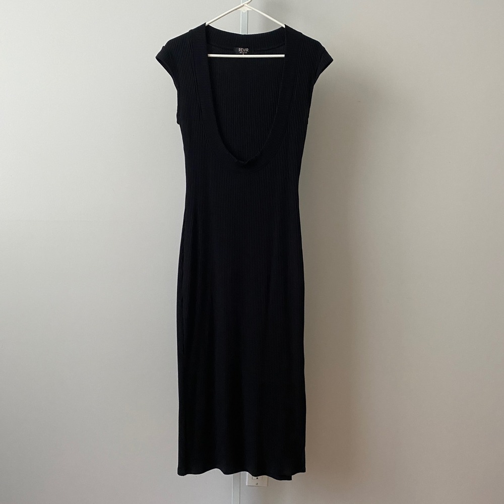 REVIR Ribbed Office Siren Clean Minimalist Deep Scoop Neck Midi Dress S Black